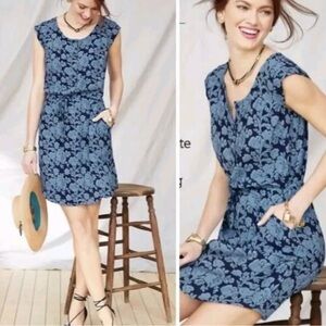 Cabi Dress Women L Java Shift Floral Cap Sleeve Blue Black 5265 Button Up Resort